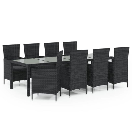 9-tlg. Garten-Essgruppe mit Auflagen Poly Rattan Schwarz