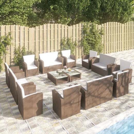 16-tlg. Garten-Lounge-Set mit Auflagen Poly Rattan Braun