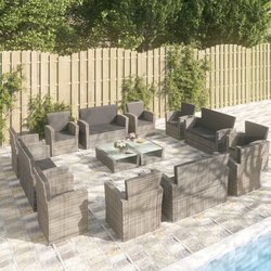 16-tlg. Garten-Lounge-Set mit Auflagen Poly Rattan Grau