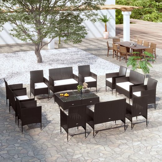 16-tlg. Garten-Lounge-Set mit Auflagen Poly Rattan Schwarz