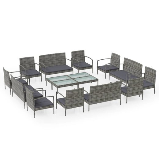 16-tlg. Garten-Lounge-Set mit Auflagen Poly Rattan Grau