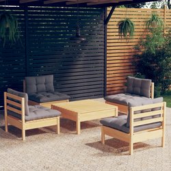 5-tlg. Garten-Lounge-Set mit Grauen Kissen Kiefernholz
