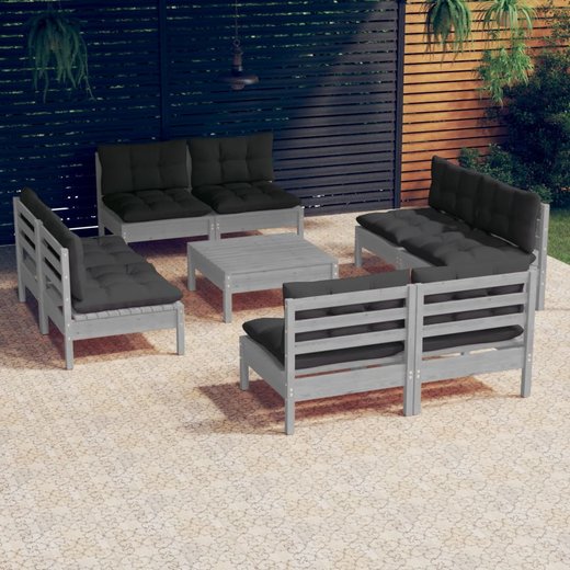 9-tlg. Garten-Lounge-Set mit Anthrazit Kissen Kiefernholz