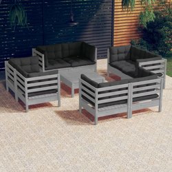 9-tlg. Garten-Lounge-Set mit Anthrazit Kissen Kiefernholz