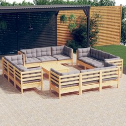 13-tlg. Garten-Lounge-Set mit Grauen Kissen Kiefernholz
