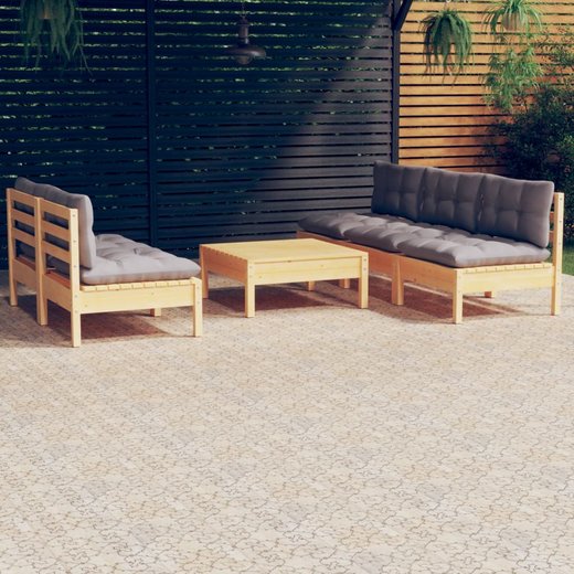 6-tlg. Garten-Lounge-Set mit Grauen Kissen Kiefernholz
