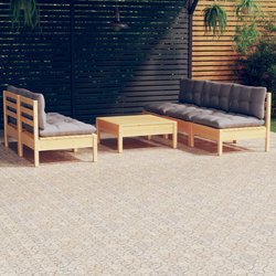 6-tlg. Garten-Lounge-Set mit Grauen Kissen Kiefernholz