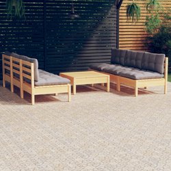 7-tlg. Garten-Lounge-Set mit Grauen Kissen Kiefernholz