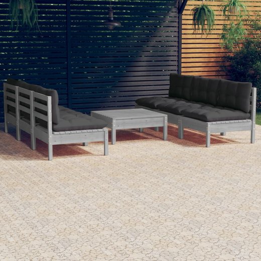 7-tlg. Garten-Lounge-Set mit Anthrazit Kissen Kiefernholz