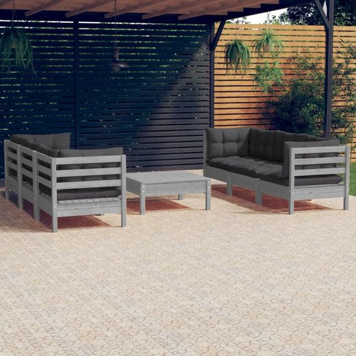 7-tlg. Garten-Lounge-Set mit Anthrazit Kissen Kiefernholz