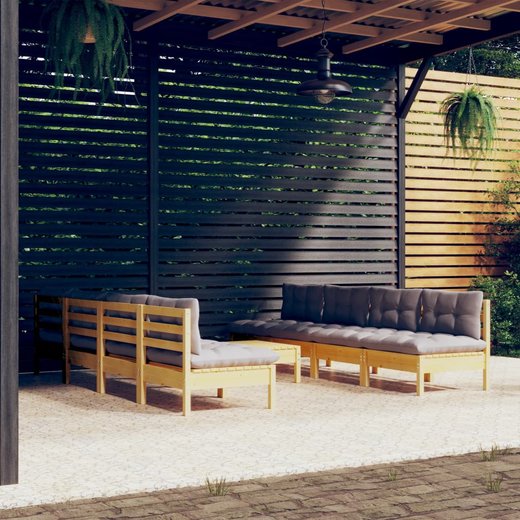 9-tlg. Garten-Lounge-Set mit Grauen Kissen Kiefer Massivholz