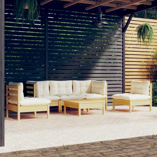6-tlg. Garten-Lounge-Set mit Creme Kissen Massivholz Kiefer