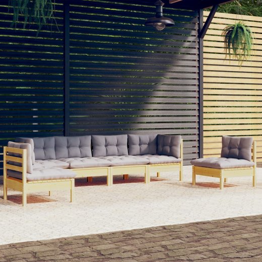 6-tlg. Garten-Lounge-Set mit Grauen Kissen Kiefer Massivholz