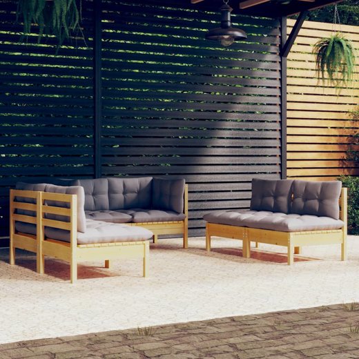 6-tlg. Garten-Lounge-Set mit Grauen Kissen Kiefer Massivholz