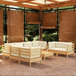 9-tlg. Garten-Lounge-Set mit Creme Kissen Kiefer Massivholz