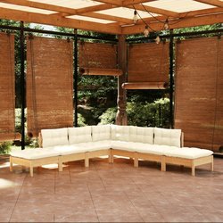 7-tlg. Garten-Lounge-Set mit Creme Kissen Kiefernholz
