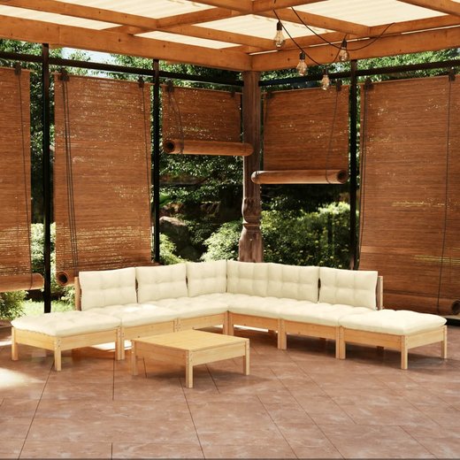 8-tlg. Garten-Lounge-Set mit Creme Kissen Kiefernholz