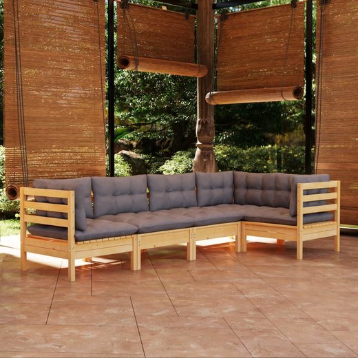 5-tlg. Garten-Lounge-Set mit Grauen Kissen Kiefernholz