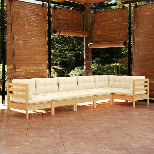 6-tlg. Garten-Lounge-Set mit Creme Kissen Kiefernholz