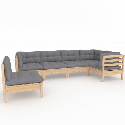 6-tlg. Garten-Lounge-Set mit Grauen Kissen Kiefernholz