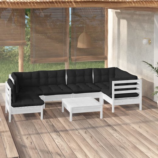 7-tlg. Garten-Lounge-Set mit Kissen Wei Kiefernholz