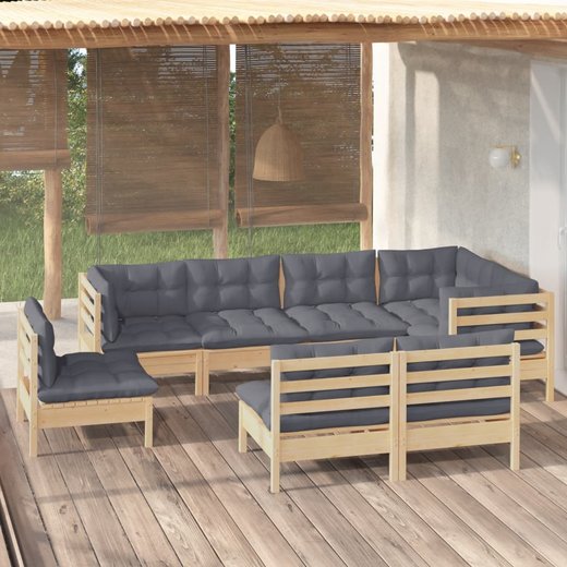 8-tlg. Garten-Lounge-Set mit Grauen Kissen Kiefer Massivholz