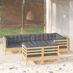 7-tlg. Garten-Lounge-Set mit Grauen Kissen Kiefer Massivholz