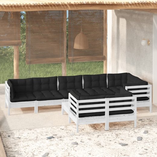 9-tlg. Garten-Lounge-Set mit Kissen Wei Kiefer Massivholz