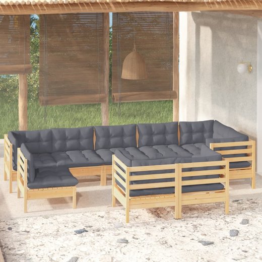 9-tlg. Garten-Lounge-Set mit Grauen Kissen Kiefer Massivholz