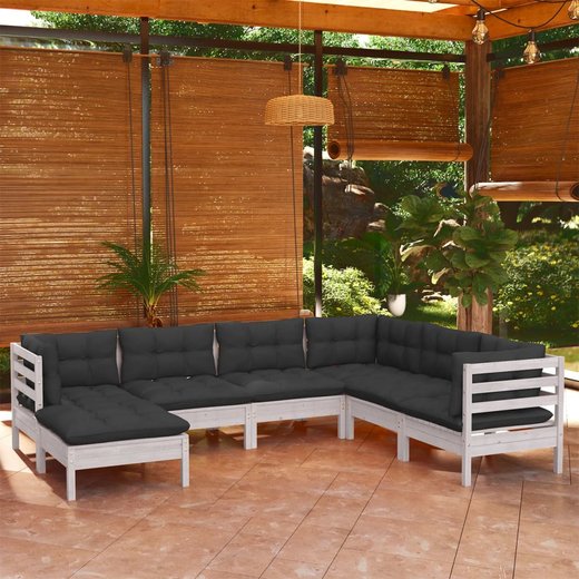 7-tlg. Garten-Lounge-Set mit Kissen Wei Kiefer Massivholz