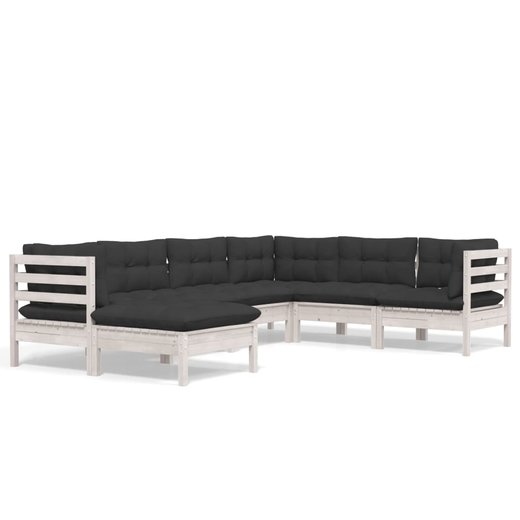 7-tlg. Garten-Lounge-Set mit Kissen Wei Kiefer Massivholz