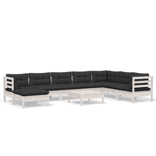 9-tlg. Garten-Lounge-Set mit Kissen Wei Kiefer Massivholz
