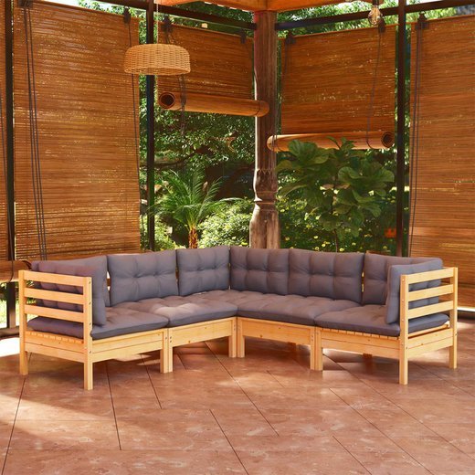 5-tlg. Garten-Lounge-Set mit Grauen Kissen Kiefer Massivholz