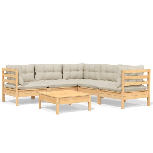 6-tlg. Garten-Lounge-Set mit Creme Kissen Massivholz Kiefer