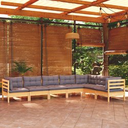 7-tlg. Garten-Lounge-Set mit Grauen Kissen Kiefer Massivholz