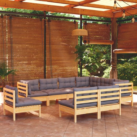 9-tlg. Garten-Lounge-Set mit Grauen Kissen Kiefer Massivholz