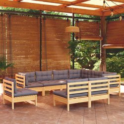 9-tlg. Garten-Lounge-Set mit Grauen Kissen Kiefer Massivholz