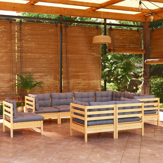9-tlg. Garten-Lounge-Set mit Grauen Kissen Kiefer Massivholz