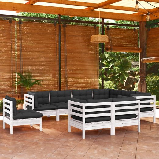 9-tlg. Garten-Lounge-Set mit Kissen Wei Kiefer Massivholz