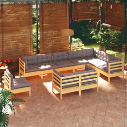 10-tlg. Garten-Lounge-Set mit Grauen Kissen Kiefer...