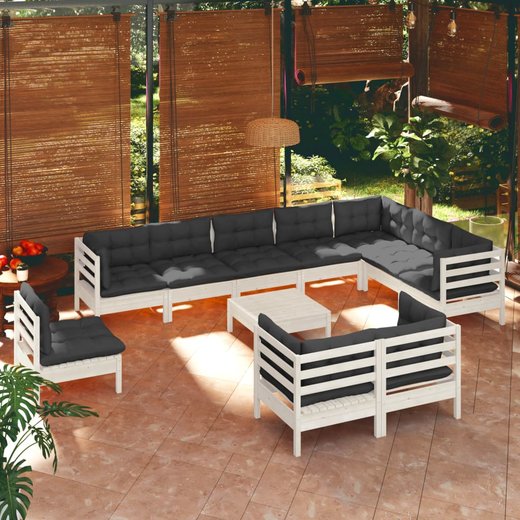 11-tlg. Garten-Lounge-Set mit Kissen Wei Kiefer Massivholz