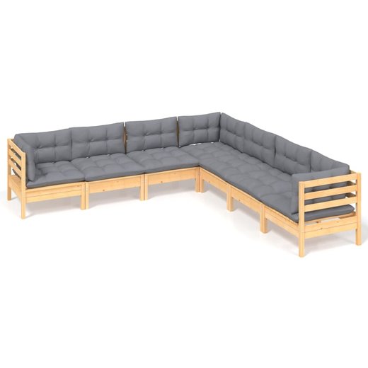 7-tlg. Garten-Lounge-Set mit Grauen Kissen Kiefer Massivholz