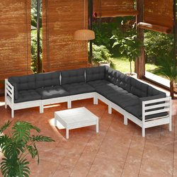 8-tlg. Garten-Lounge-Set mit Kissen Wei Kiefer Massivholz