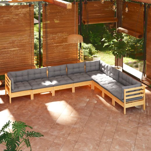 8-tlg. Garten-Lounge-Set mit Grauen Kissen Kiefer Massivholz
