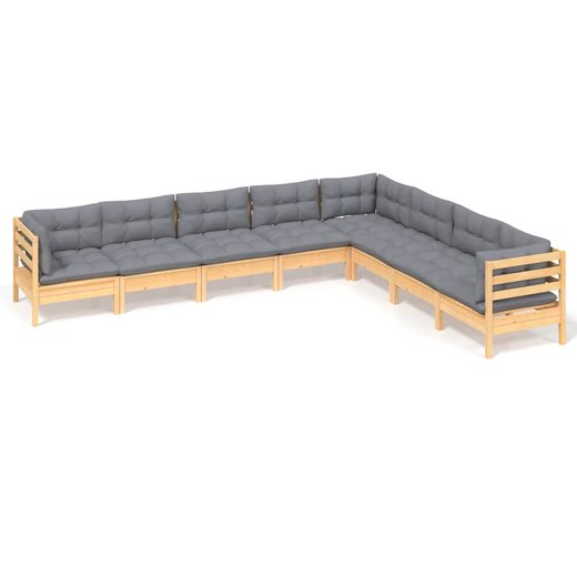 8-tlg. Garten-Lounge-Set mit Grauen Kissen Kiefer Massivholz