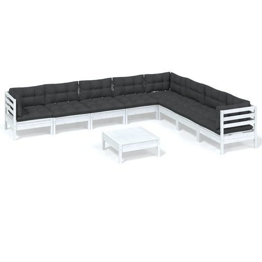 9-tlg. Garten-Lounge-Set mit Kissen Wei Kiefer Massivholz