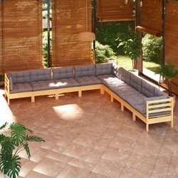 9-tlg. Garten-Lounge-Set mit Grauen Kissen Kiefer Massivholz