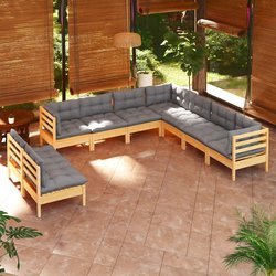 9-tlg. Garten-Lounge-Set mit Grauen Kissen Massivholz Kiefer