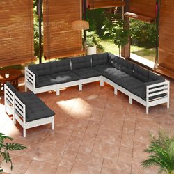 9-tlg. Garten-Lounge-Set mit Kissen Wei Massivholz Kiefer