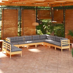 10-tlg. Garten-Lounge-Set mit Grauen Kissen Massivholz...